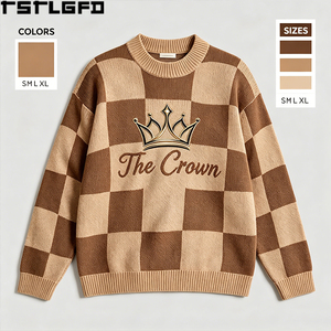 Pull tricoté à carreaux OEM/ODM brodé Couronne, style Old Money, col rond épais, vintage, vente en gros - Product Image 2