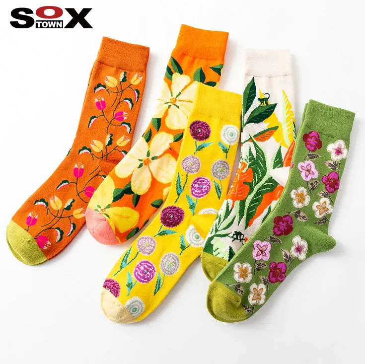 Soxtown Kleurrijke Flower Fashion Design Crew Garen Geverfd Gebreide, Ademende, Casual Katoenen Happy Sokken Voor Heren
