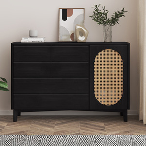 Midcentury Modern Solid Wood Dresser With Rattan Panel Six Drawers Freestanding <b>Storage</b> <b>Cabinet</b> For Bedroom Living Room - Product Image 5