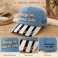 Cappellino da Baseball Dymf in Denim con Ricamo Stile Western, 5 Pannelli, Visiera Personalizzata a Blocchi di Colore, Regolabile, in Cotone per Donne