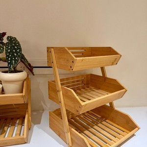Bamboo Three Layer Drain Rack L Size <b>Stackable</b> Kitchen Storage <b>Basket</b> For Fruit Vegetable Countertop Organizing - Product Image 2