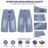 Shorts de mezclilla de cintura alta con pedrería, transpirables, de 14 pulgadas de entrepierna, lavado medio, corte holgado, estilo urbano, con bolsillos, para verano