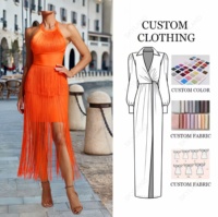 Robe longue sans bretelles orange pour femme, style halter avec franges et sexy, sans manches, pour soirée, bal de promo, avec caractéristiques clés