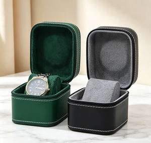 Boîte de rangement pour montres haut de gamme faite à la main, en carton premium, base rigide, vert foncé/noir, deux options de couleur, fermeture à glissière - Product Image 6