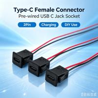 Conector USB-C Hembra con Cables, Tipo C de 2 Pines para Montaje en Panel, Receptáculo Tipo C Precableado LN-068