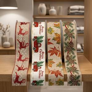 Toptan Noel Tel Kenarlı Kurdele 63mm 25 Yard, Hediye Paketleme Noel Ağacı Süslemesi için Baskılı Çuval Bezi Kurdele - Product Image 2