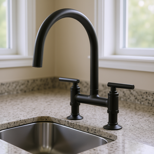 Grifo de Cocina Moderno Negro Mate de Montaje en Encimera, Doble Manija, 2 Orificios, Caño Giratorio 360°, Estilo Puente - Product Image 2
