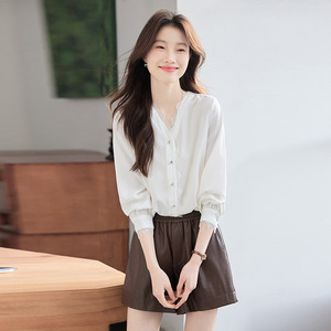 Lace Trimmed Women's Shirt Long Sleeve <b>Satin</b> <b>Blouse</b> Solid Color Everyday Wear - Product Image 4