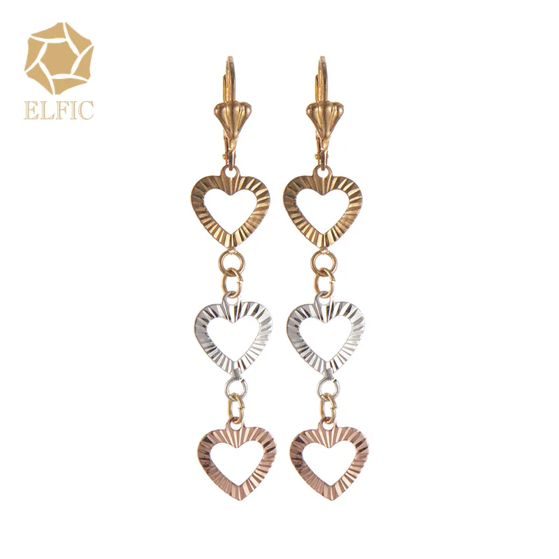 Elfic fashion jewelry gold plated 14k long earrings aretes de largo cz heart earrings for women accessories