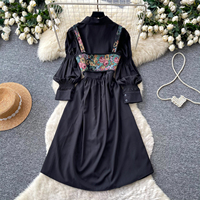Robe chemise élégante de style français à manches lanternes et col, avec haut corset à bretelles en jacquard floral, ensemble 2 pièces pour le printemps et l'automne