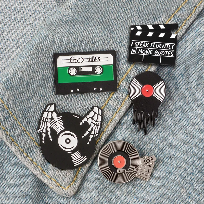 Punk Music Lovers Enamel Pin Good Vibes Tape Record Player Badge Brooch Lapel Pin Jeans Shirt Cool Gothic Jewelry Gift DJ Vinyl