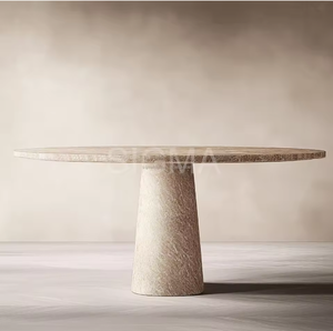 Ensemble de table à manger ronde en travertin/marbre beige, style nordique moderne, écologique et naturel, meubles polis pour restaurants étoilés <span class=keywords><strong>Michelin</strong></span>, villas - Product Image 4