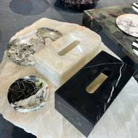 SAIDKOCC Boîte à mouchoirs en marbre naturel 18x12x9cm, Onyx bleu cristal, Fleur jaune, Luxe léger, Décoration de table à thé pour villa, Décoration intérieure