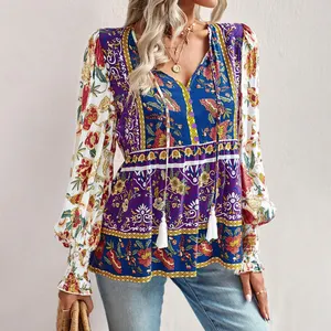 Fall bohemian women long sleeve tops and blouses femme elegant boho blouse women wholesale 2024