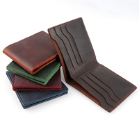 Portefeuille vintage fait main en cuir véritable Crazy Horse, porte-cartes ouvert, porte-monnaie en cuir pleine fleur, pochette à monnaie