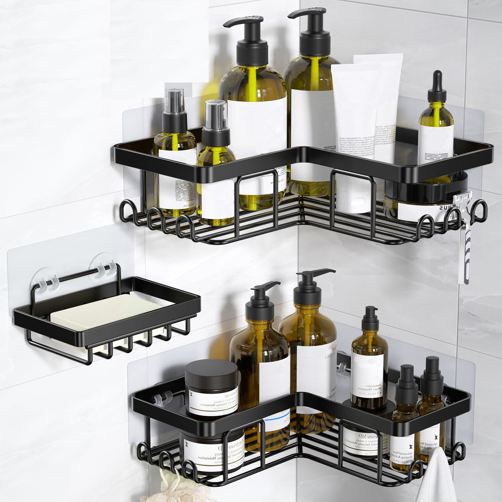 PKPD Acciaio Inossidabile Antiruggine Mensola Doccia senza Foratura 3 Pezzi, Accessori Bagno senza Forare, Autoadesivo Mensole Bagno Organizzatore, Argento