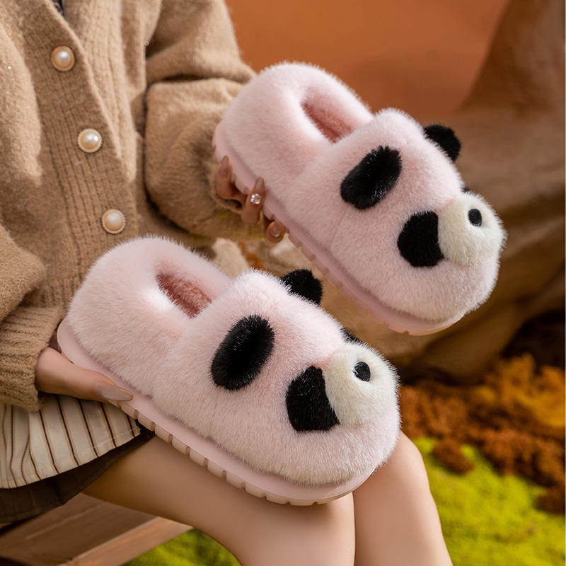 Womens Furry Slippers with EVA Outsole Winter Warm Plush-Lined Non-Slip Cushioning Cotton Slides Panda Slipper Indoor Home Use