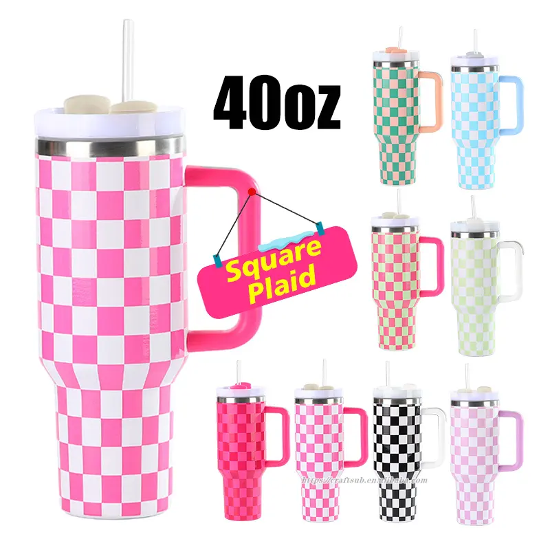 40oz 40 oz Color Checkered Board Square Plaid Pattern Stainless Steel Tumbler Cup with Handle 2.0 and Leakproof Rotate Lid