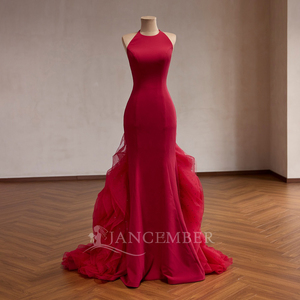 Rsm251077 Elegant <b>Red</b> Halter Evening Dress Sleeveless Ruffles Customizable Prom Gown Jancember - Product Image 2