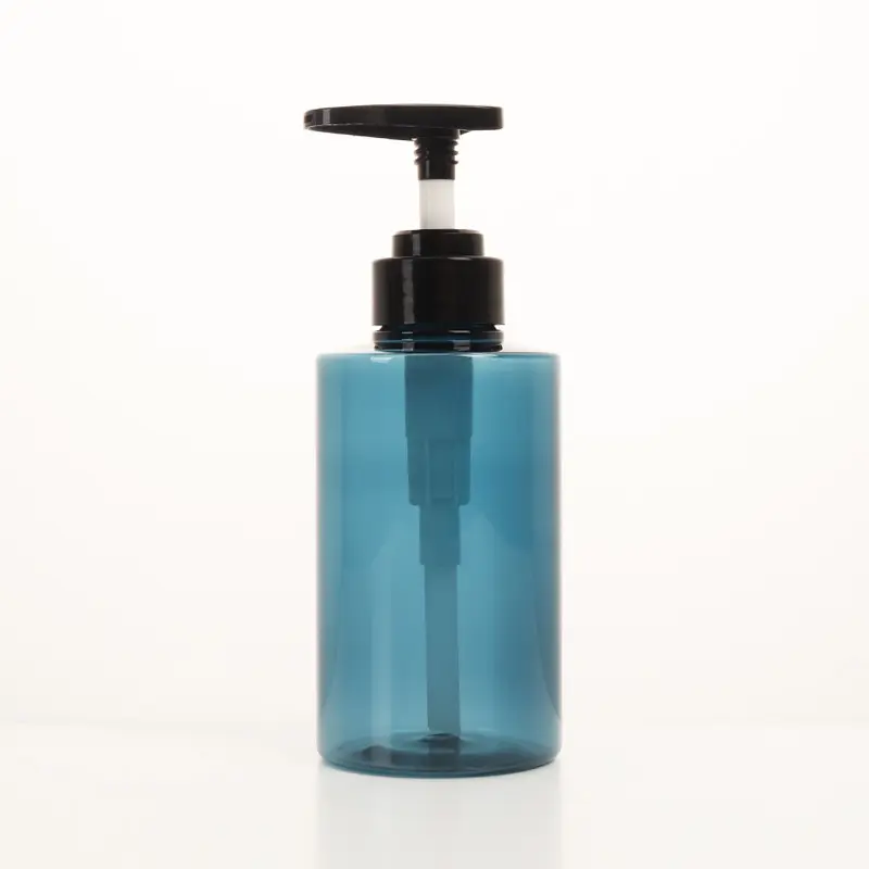 Mooie Blauwe Shampoo Fles 300Ml 500Ml Druk Platte Schouder Cilindrische Lotion Fles Cosmetische Huisdier Plastic Shampoo Fles
