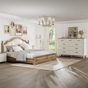 Commode rustique de style farmhouse à 9 tiroirs en bois, texture naturelle, finition blanc antique, 55 pouces de large, écologique et durable pour le salon - Product Image 2