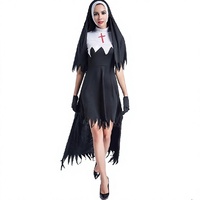 Robe de cosplay de nonne gothique de haute qualité, noire, à ourlet irrégulier, asymétrique, pour fête d'Halloween, avec accessoire de tête
