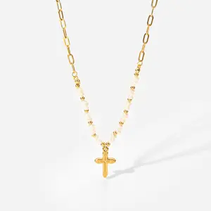 INS style Splice chain freshwater Pearl 18K Gold Plated Stainless Steel Cross pendant Necklace for woman