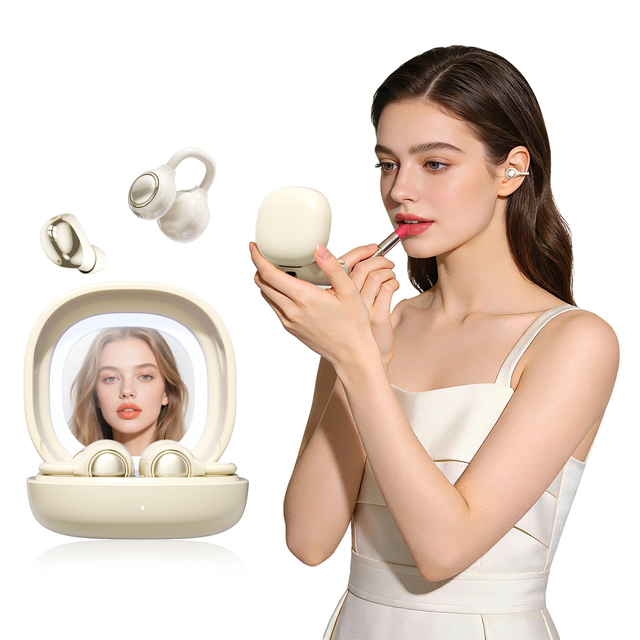 Clip on Ear Headphones with a Makeup Mirror Open Ear Earbuds Wireless Bluetooth Earbuds Ultra-Long Battery Life