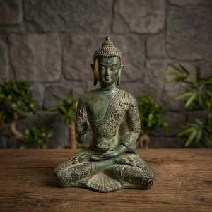 Estatua de Buda Sentado en Metal, Acabado Decorativo Sagrado, Decoración para Altar Espiritual y Regalo Coleccionable, Detalle Hecho a Mano - Product Image 1