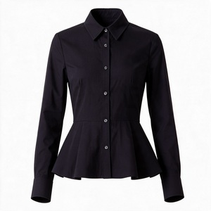 Chemisier noir à volants boutonné pour femme, manches longues, col classique, coupe ajustée, idéal pour le bureau - Product Image 1