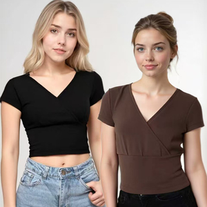 Nouvelle mode pour femmes coupe ajustée col en v dos croisé haut séchage rapide respirant été manches courtes confortable tricoté maigre - Product Image 1