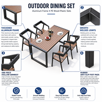 Ensemble de table à manger rectangulaire en WPC avec cadre en métal noir et 4 chaises, moderne, imperméable, pour l'extérieur, patio, jardin