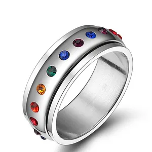 Custom Rainbow Crystal Stone Spinner Rings Jewelry Stainless Steel Diamond Rotating Rings For Women Men