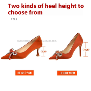 Chaussures de luxe en satin pour femmes, style européen et américain, talon moyen, talon coupe de vin, nœud en strass, bout pointu, talon fin pour l'automne - Product Image 4