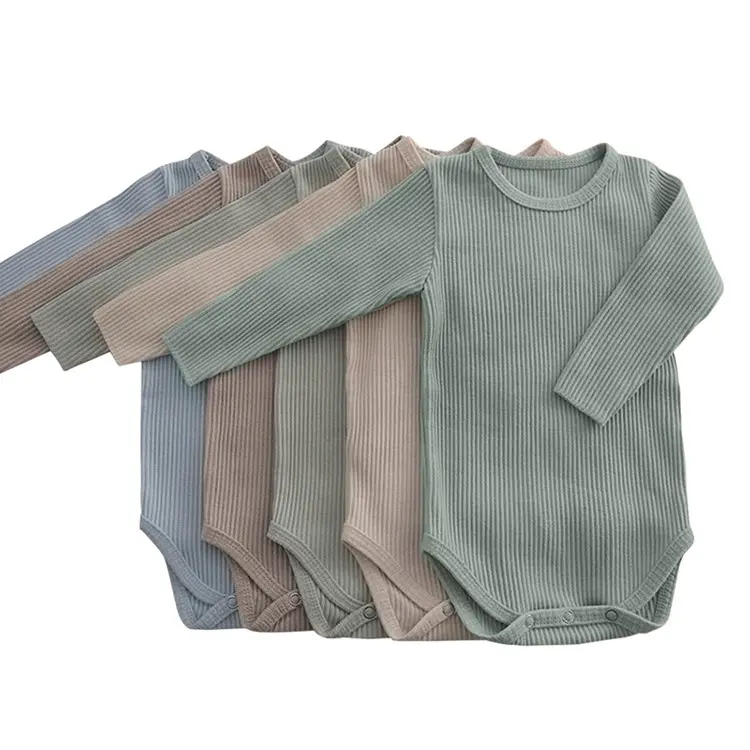 Factory Custom organic Solid Color Fall Winter Outfits newborn baby ribbed clothes Ribbed Cotton Long Sleeve Baby Boys' Rompers
