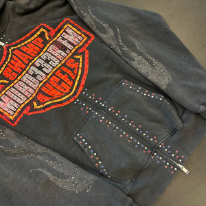 Sweat à capuche personnalisé anti-rides en molleton bouclette vintage délavé, épais, avec fermeture éclair double et strass en cristal - Product Image 3