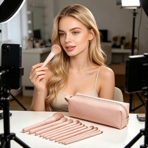 ชุดแปรงแต่งหน้า 13 ชิ้น สีชมพู ขนธรรมชาติ ด้ามโลหะ สำหรับอายแชโดว์ บลัชออน แป้งทาหน้า ชุดแปรงเครื่องสำอาง - Product Image 4