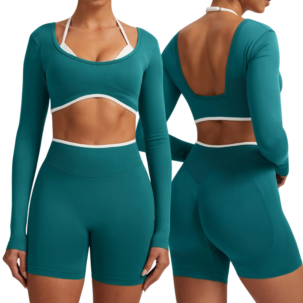 Womens Long Sleeve Crop Top Sports Bolero Shrug Contrast Trim Open Back Seamless Nylon Elastane 4 Way Stretch Custom Logo