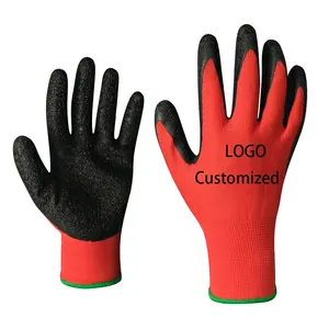 Guantes de látex sumergidos de calibre 13, guantes negros con revestimiento arrugado, guantes protectores de mano de seguridad para el trabajo de poliéster para la construcción