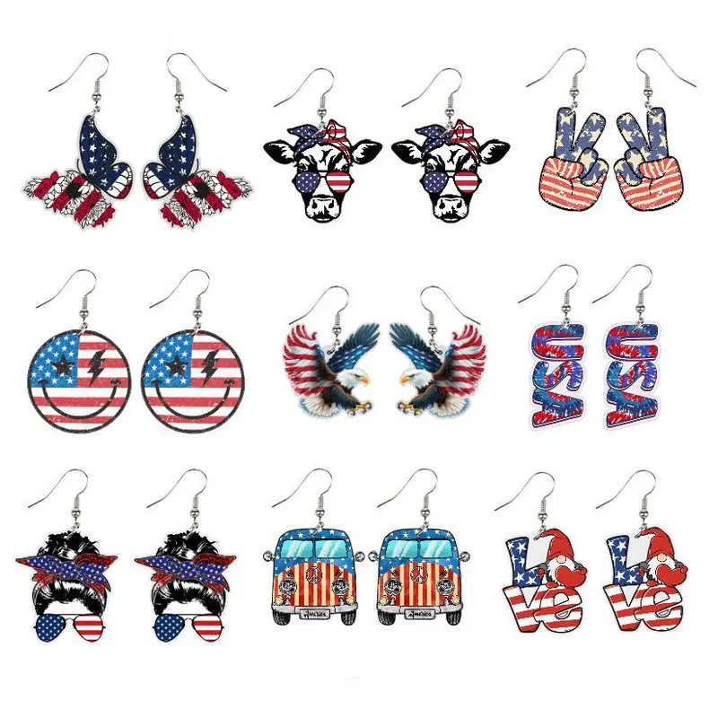 Jour de l'indépendance boucles d'oreilles drapeau papillon vache doigts souriant visage aigle pendentif boucles d'oreilles bijoux