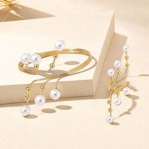 <span class=keywords><strong>Ensemble</strong></span> de bracelets et bagues électroplaquées en fer avec perles et lignes torsadées géométriques simples, style mode bureau/carrière pour femmes, de style européen et américain - Product Image 4