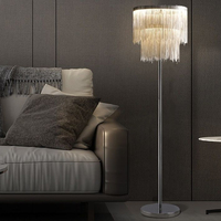 Lampe sur pied en cristal LED avec chaîne à pompons de luxe, en aluminium chromé, à 2 niveaux, avec franges, moderne, pour salon, chambre, hôtel, décoration