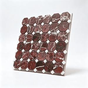 Mosaïque octogonale en marbre rouge, dos en maille, 305x305mm, avec copeaux carrés blancs, pour la décoration murale de salle de bain et de cuisine - Product Image 4