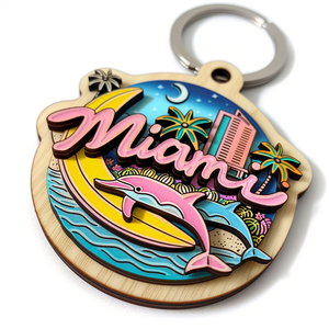 Wholesaler Fashion USA Miami Souvenir Travel Wooden Key Chain Custom Wood Keychain Keyring for Engraving