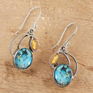 Orecchini pendenti bohémien in argento 925 con turchese e citrino incastonati a castone, design geometrico per donna, da indossare tutti i giorni - Product Image 3