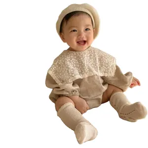 Grosir musim semi musim gugur 100% baju katun bayi perempuan baju mode Romper lengan panjang Jumpsuit renda Bodysuit