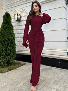 Robe longue à manches longues plissée à la taille avec ceinture pour <span class=keywords><strong>femme</strong></span>, style décontracté et formel, pour tous les jours - Product Image 2