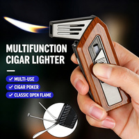 Briquet à cigares multifonction pliable avec coupe-cigares, poinçon, tasseur, flamme nue, coupe-vent, rechargeable au butane, allumage par tirage