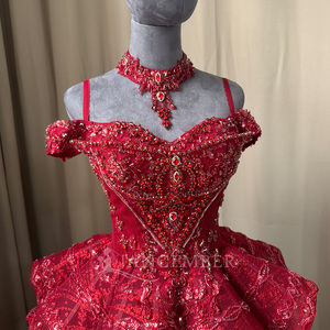 Robe de soirée de luxe rouge Mc034 avec corset en dentelle perlée, appliques florales, péplum et surjupe, col choker, pour bal de promo et fêtes Jancember - Product Image 6
