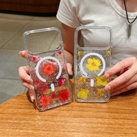 Nouvelle coque de téléphone portable en résine avec fleurs séchées et paillettes argentées pour iPhone 16 Plus 17 Pro Max, coque arrière magnétique transparente